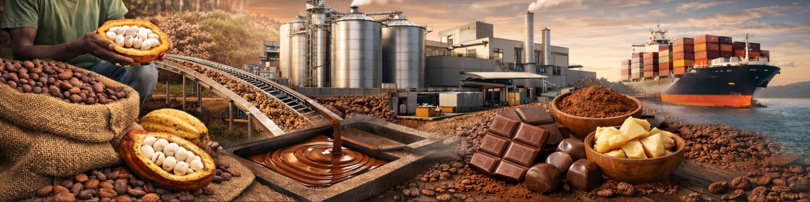 De la cabosse au chocolat : plantation, usine de transformation, produits finis et export
